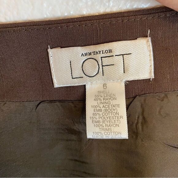 Ann Taylor Loft floral embroidered brown linen blend lined A line skirt midi -6 - Picture 8 of 10